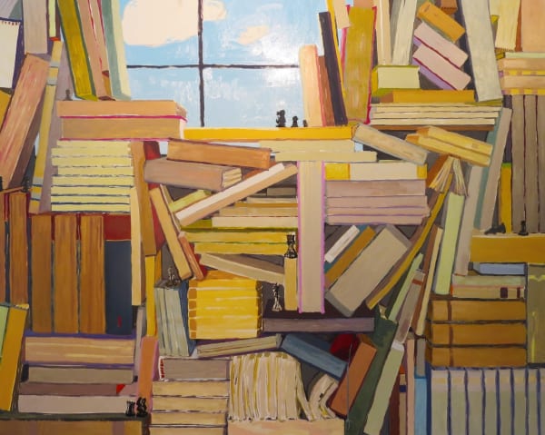 KK Koznik's "Czech" oil on canvas in various warm and cool colors. The painting depicts several books organized and piled on each other with the sun lit window being the only layer of light. The placement of the books is creating an illusion of depth.