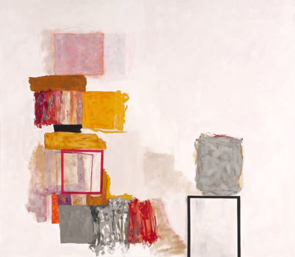 Rocio Rodriguez's "Bits and Pieces" oil painting on canvas in shades of pink, red, yellow, gray and brown. The painting depicts squares spread throughout the canvas. The title may be referring to what the squares are representing making it abstract.