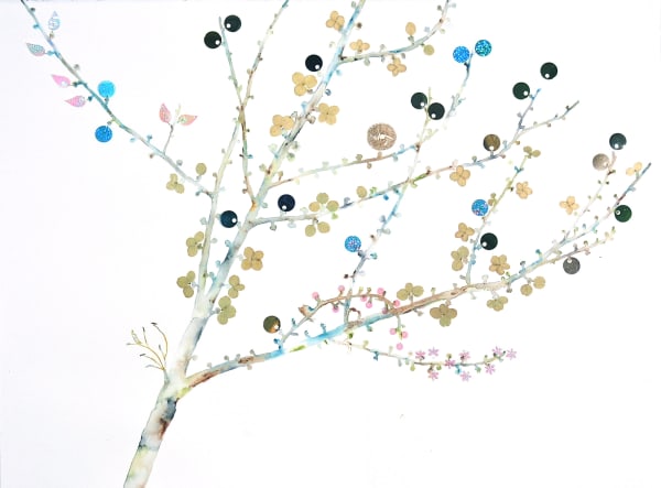 Marilla Palmer's "Tree Buds" mixed media in Arches paper in shades of blue, green, gray, brown and pink. The painting depicts a tree in a gradient white background. The buds are small and sprinkled throughout the branches that it gives a feel of spring. 