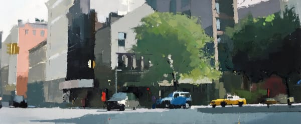 Lisa Breslow's "Soho Morning" oil painting and pencil on canvas in several shades of gray, green, blue, yellow and pink. The painting depicts a town setting with traffic moving and trees that are blending in with the buildings. 