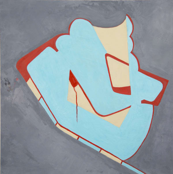Fran Shalom's "Moxie" oil on canvas using primary and neutral colors. This painting has a graffiti-like design that consists of light turquoise, persian red, and cream colors that is centered in a cooler gray background. 