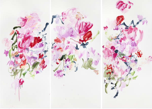 Abstract paintings on three separate canvases. The paintings resemble flowers represented by the overlapping shades of red, pink and violet. The paintings come off as asymmetrical with the designs painted in different directions. 