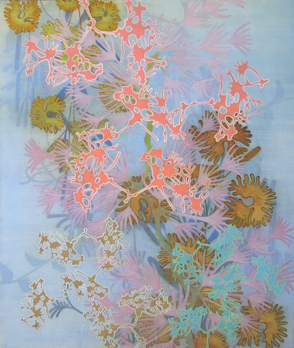 Abstract painting on canvas in different shades of pink, green, blue and purple. The painting depicts groups of plants that continue to recede to the distance with each group of differently colored plants creating an illusion of depth. The plants become m