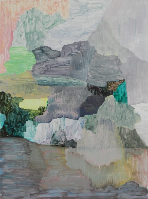 Antony Densham's "P28.2020" is an abstract acrylic on Hahnemuhle paper in pink, green, and grey hues 