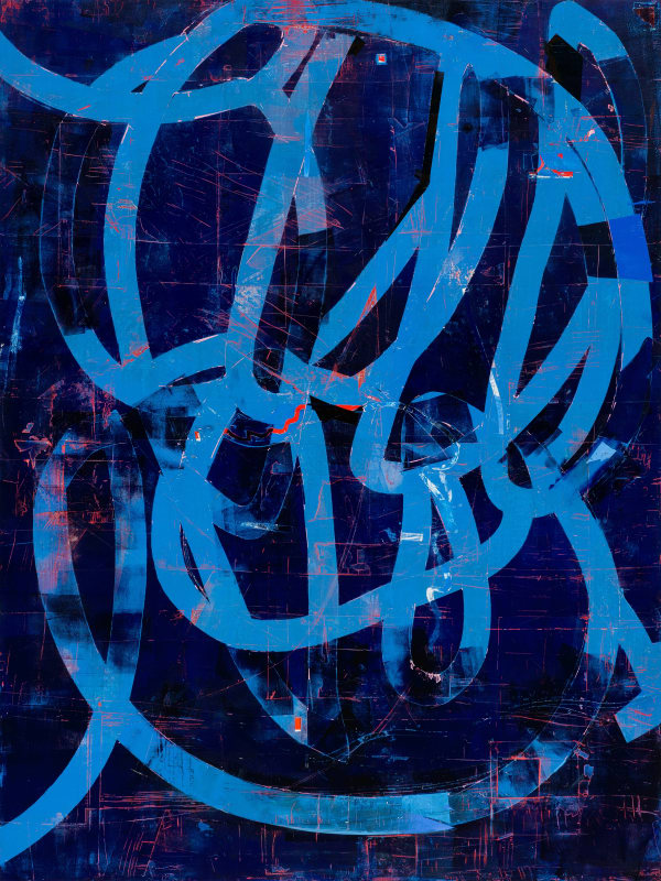 40 by 30 oil on wood abstract painting with light blue lines on dark blue background