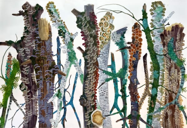 watercolor painting of many different colored branches lined up length-wise next to each other