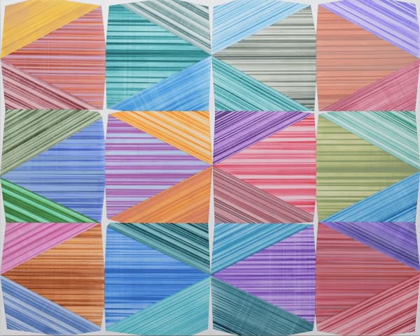 abstract painting of a pattern divided into a grid, with varying stripy colors