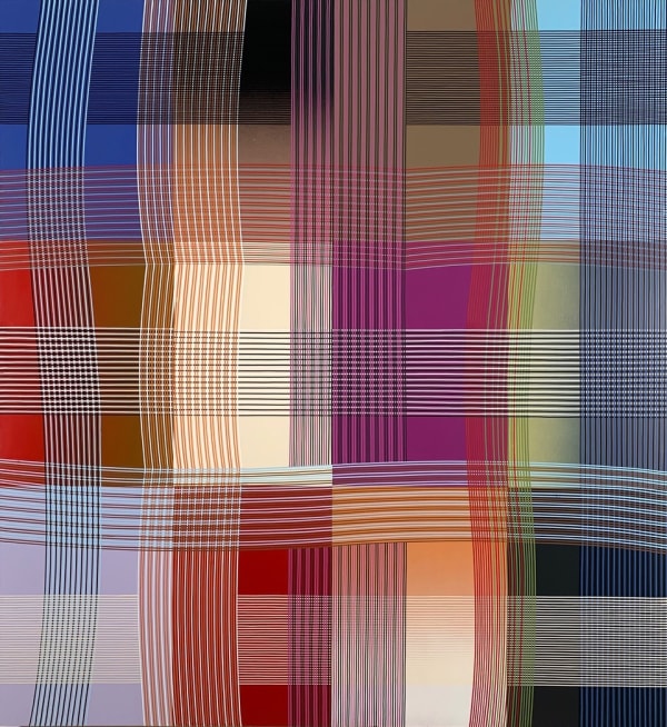 Abstract painting of many vertical and horizontal lines of varying colors overlapping each other