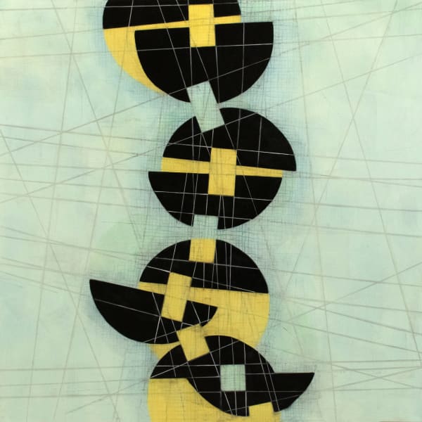 painting of several black and yellow circular shapes crossing the canvas in the center vertically. They are being bisected by many thin green lines, on top of a light green background.