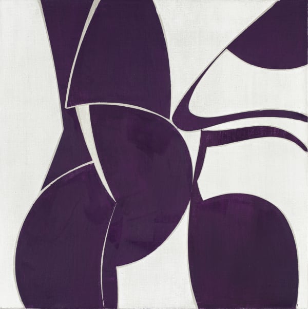 Joanne Freeman's "Space 17 Summer 7" oil painting on linen. The painting has different designs spread throughout the linen. A good use of creating positive space and placement forming an illusion of depth.