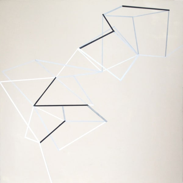 Gudrun Mertes-Frady's "Constellation" made with oil and metallic pigments on linen in shades of gray, white and blue. The work as the title suggests as a constellation but with cubical effects, makes it resemble a geometry problem.