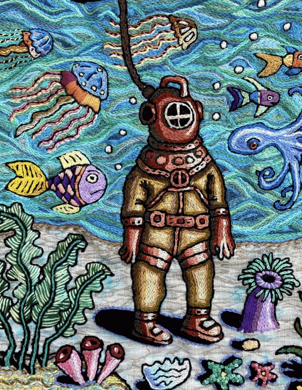 Embroidery art by Roz Chast of underwater scene.