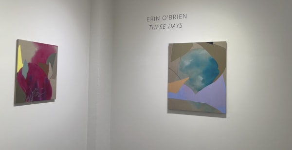 Two colorful abstract paintings on gallery wall for the exhibition Erin O'Brien: These Days