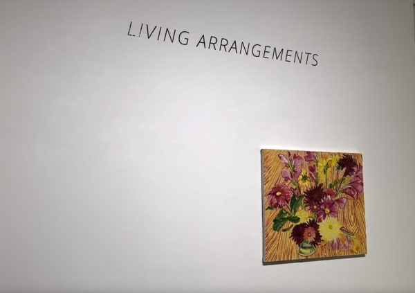 Colorful floral art painting on gallery wall for Living Arrangements exhibition.