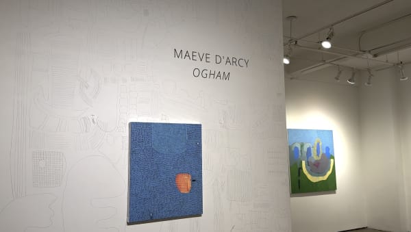Two abstract paintings on gallery wall for the exhibition Ogham, by Maeve D'Arcy.