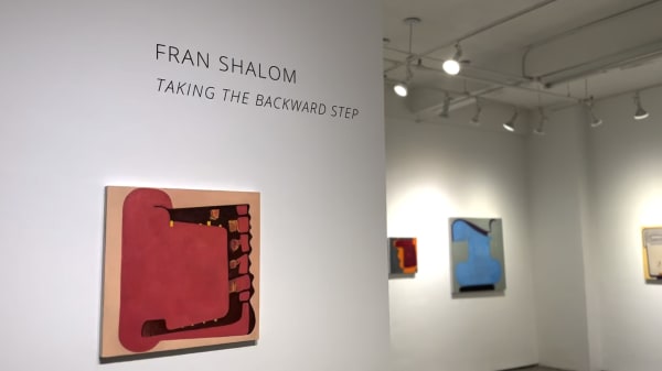 Abstract art paintings on gallery walls for Fran Shalom's exhibition, "Taking the Backward Step."
