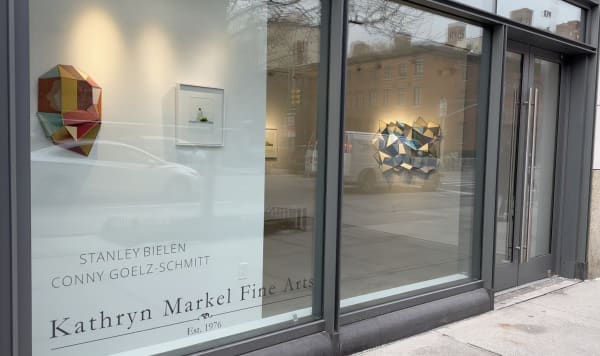 Kathryn Markel Fine Arts gallery window with abstract collages and still life painting.