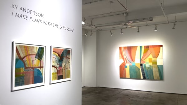 Three colorful abstract paintings on gallery walls from Ky Anderson's exhibition "I Make Plans with the Landscape."