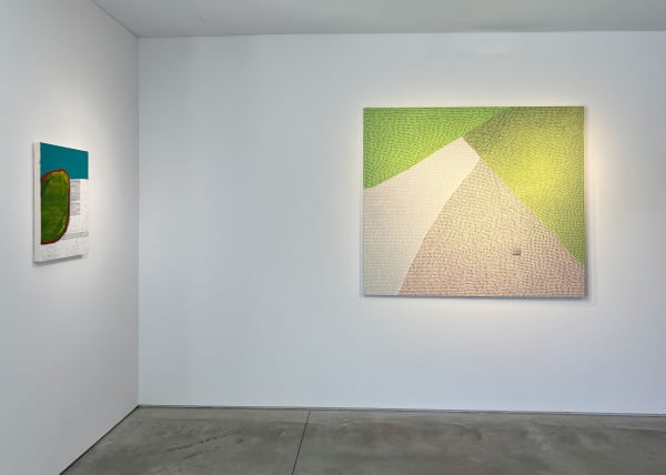 Abstract paintings by Maeve D'Arcy hanging in a gallery.