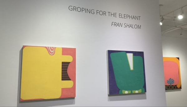 Two abstract paintings on gallery wall from the show Groping for the Elephant by Fran Shalom