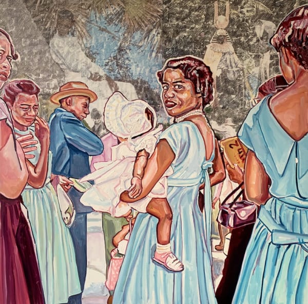 The devil works hard, but gentrification works harder, Oil, ink, and xerox transfer on linen, 60.2” x 60.2”, 2019