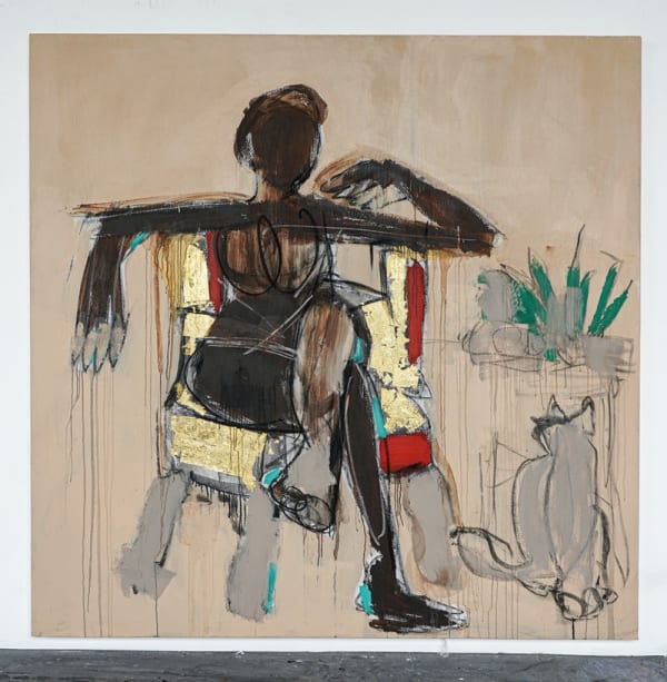 Ferrari Sheppard, Paka (Cat), 2020. Acrylic, charcoal, and 24k gold on canvas, 78 x 77 inches. Courtesy the artist and...