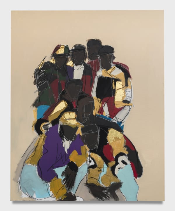 Ferrari Sheppard, “Down 4 Life,” 2021, Acrylic, charcoal and 24k gold on canvas, 104 x 84 inches. Photographed by Jeff McLane. Courtesy of UTA Artist Space.