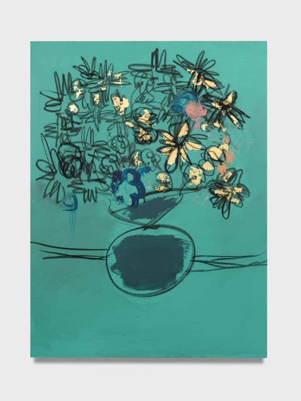Ferrari Sheppard, “Flower Study B,” 2021, Acrylic, charcoal and 24k gold on canvas, 36 x 48 inches. Photographed by Jeff McLane. Courtesy of UTA Artist Space.