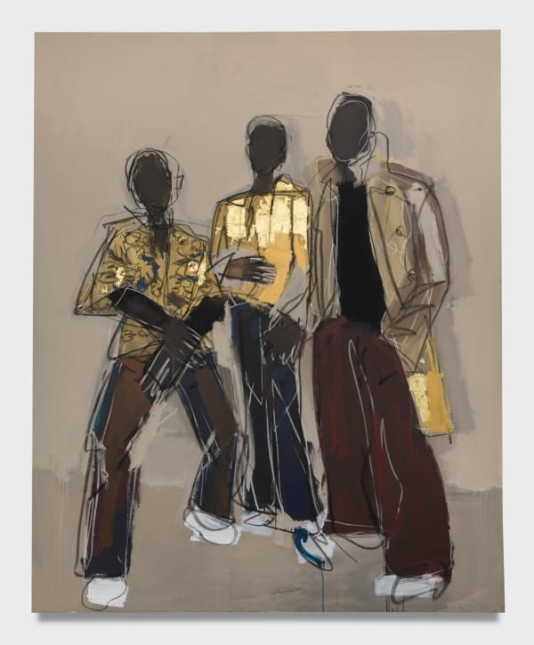 Ferrari Sheppard, “Me, Reggie, and Tavares,” 2021, Acrylic, charcoal and 24k gold on canvas, 104 x 84 inches. Photographed by Jeff McLane. Courtesy of UTA Artist Space.