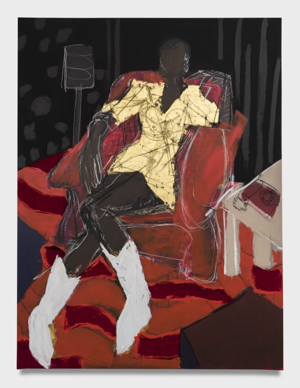 Ferrari Sheppard, “Put Some Red on It,” 2021, Acrylic, charcoal, red velvet and 24k gold on canvas, 96 x 72 inches. Photographed by Jeff McLane. Courtesy of UTA Artist Space.