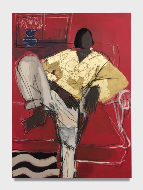Ferrari Sheppard, “Vita,” 2021, Acrylic, charcoal and 24k gold on canvas, 84 x 60 inches. Photographed by Jeff McLane. Courtesy of UTA Artist Space.