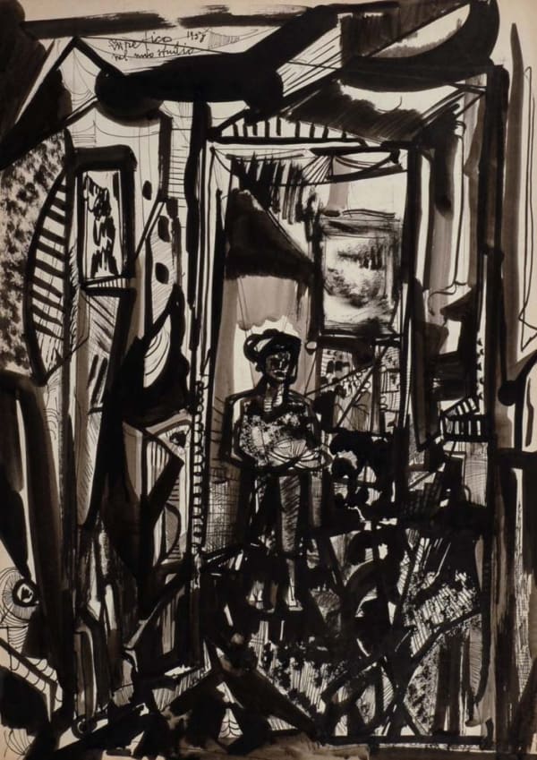 Ettore Fico, Lo studio del pittore, 1958, inchiostro di china su carta, 48x34 cm