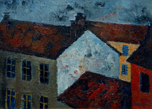 Ettore Fico 1917 2004 Tetti Roofs Oil On Plywood 46 X 64 Cm Inv N 0166