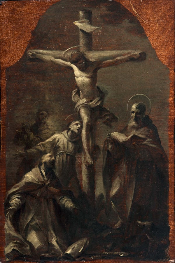 Giuseppe Varotti (1715 - 1780) I Santi Biagio, Antonio Abate, Francesco e Antonio da Padova ai piedi della Croce Saints Blaise, Anthony Abbot, Francis and Anthony of Padua stand at the feet of the Cross Les saints Blaise, Antoine l'Abbé, François et Antoine de Padoue aux pieds de la Croix 420 x 280 mm