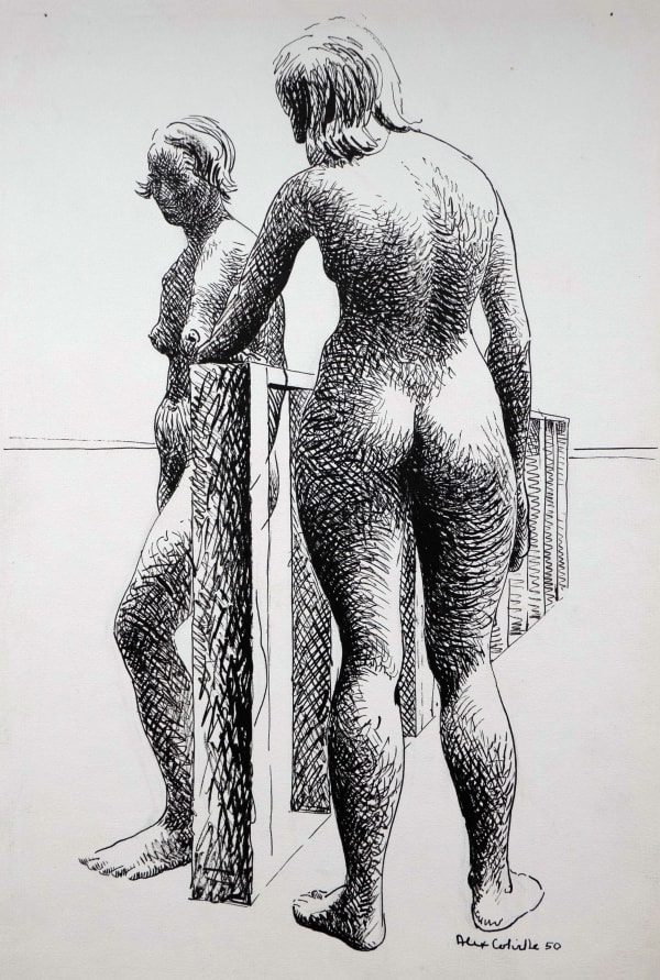 ALEX COLVILLE Two Nude Women Standing, 1950 ink on heavy card 18 1/8 x 12 in.