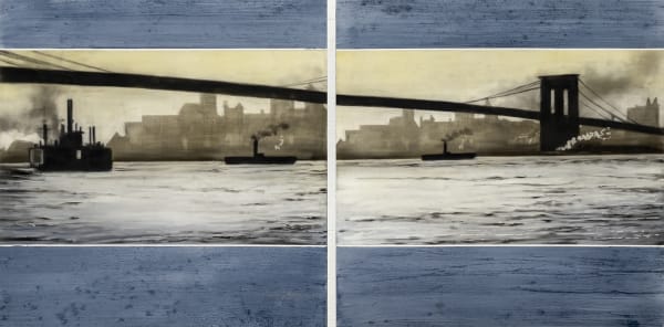 STEPHEN HUTCHINGS Brooklyn Bridge, 1905, 2021 oil and charcoal on panel 24 x 48 in. diptych