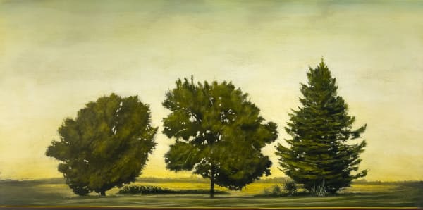 STEPHEN HUTCHINGS Three Trees, 2021 - 2022 oil and charcoal on panel 24 x 48 in.