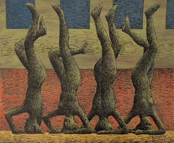 ALEX COLVILLE Four Females Standing on their Head, 1954 ink and watercolour on illustration board 14 7/8 x 18 in.