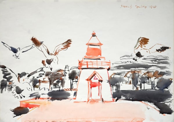 DAVID MILNE Red Lighthouse, Aug. 1940 watercolour on paper 14 x 20 in.