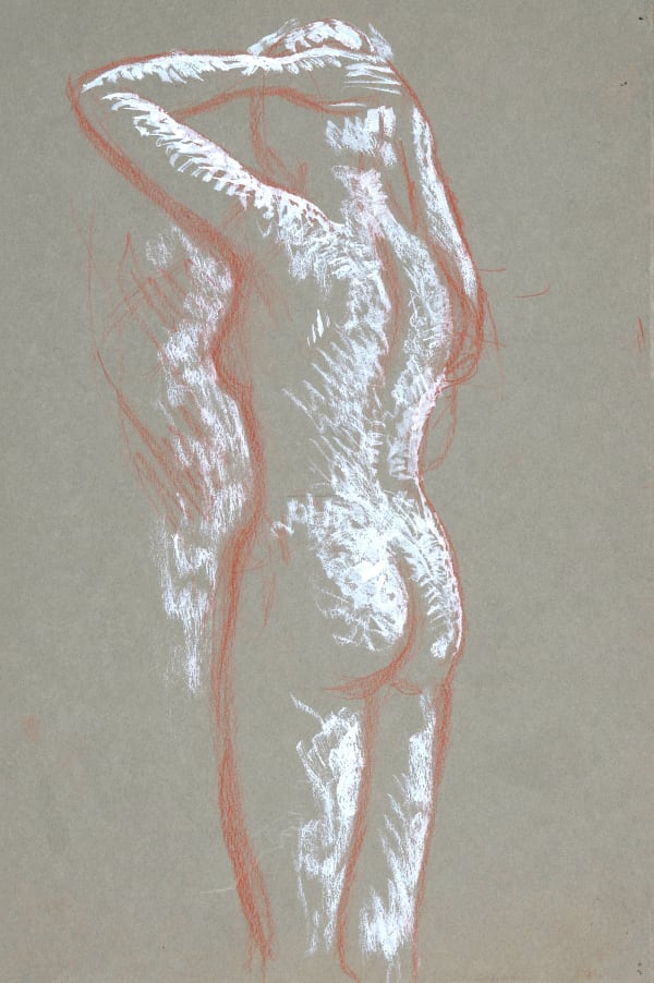 ALEX COLVILLE Woman in Shower, c. 1956 red and white chalk on paper 13 x 8 1/2 in.