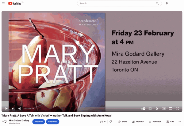 "Mary Pratt: A Love Affair with Vision" — Author Talk and Book Signing with Anne Koval Please cut & paste: https://www.youtube.com/watch?v=1IqTD8hsgQE