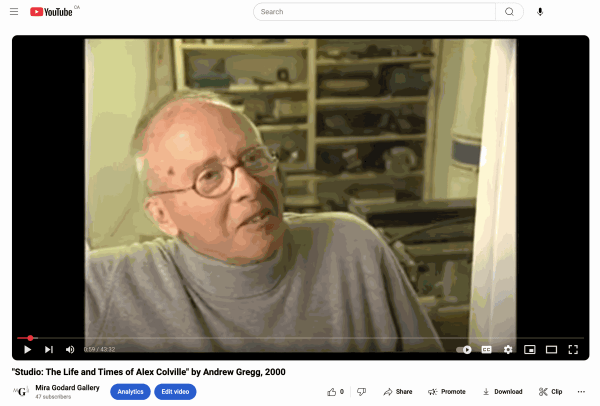 Studio: The Life and Times of Alex Colville Please cut & paste: https://www.youtube.com/watch?v=4_0Ram0Eqf0
