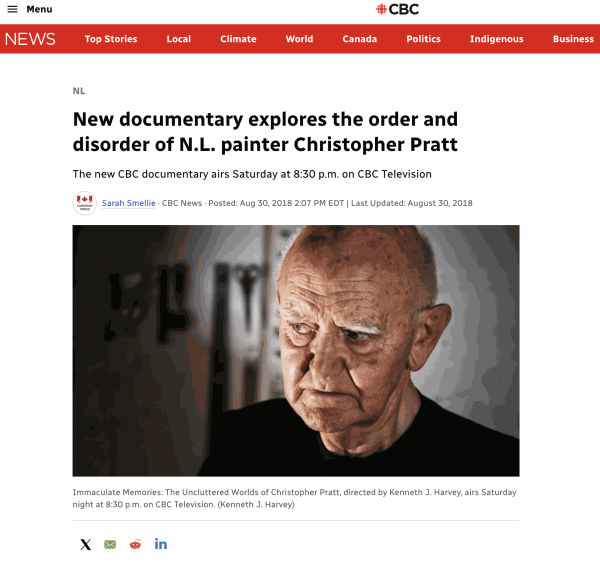New documentary explores the order and disorder of N.L. painter Christopher Pratt Please cut & paste: https://www.cbc.ca/news/canada/newfoundland-labrador/christopher-pratt-absolutely-canadian-1.4803168