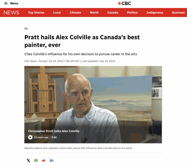 Pratt hails Alex Colville as Canada's best painter, ever Please cut & paste: https://www.cbc.ca/news/canada/newfoundland-labrador/pratt-hails-alex-colville-as-canada-s-best-painter-ever-1.1336878