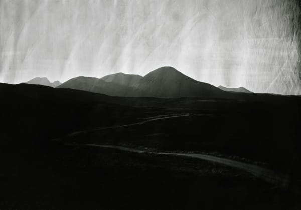 Alex Boyd,The road to Heasta on the Isle of Skye with a view of Beinn na Caillich and Blaven beyond, Scottish landscape, mountains, large black and white fine art print, mmx gallery, framed, pigment print from wet plate collodion