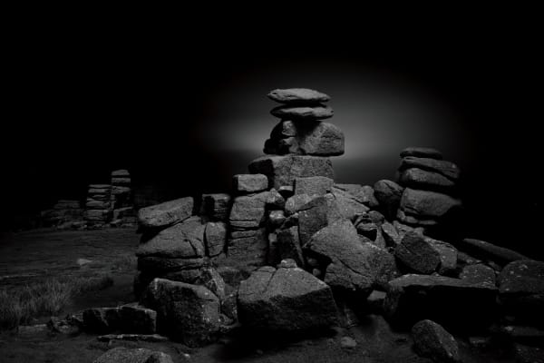 Jasper Goodall, nocturnal landscape, stones, black and white, Great Staple Tor, stone on top of the stone, stone mountain, artwork of the stone monument, mmx gallery