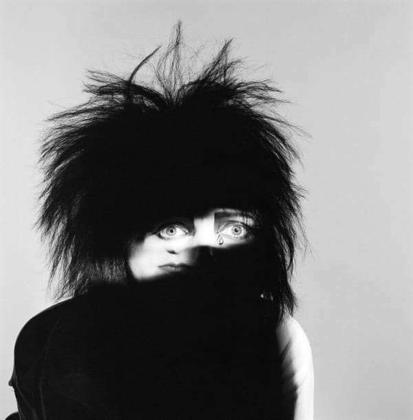 Brian Griffin, Siouxsie, woman head, eyes, tear, black and white, double exposure with eyes, 80s haircut, art print, mmx gallery, London, 1980s music