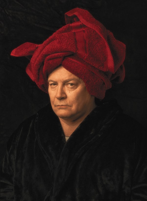 Jan van Eyck-Portrait of a Man-1433 (2021), by George McLeod, humorous contemporary portrait of a man with red towel on his head, inspired by Dutch paintings, photographic print