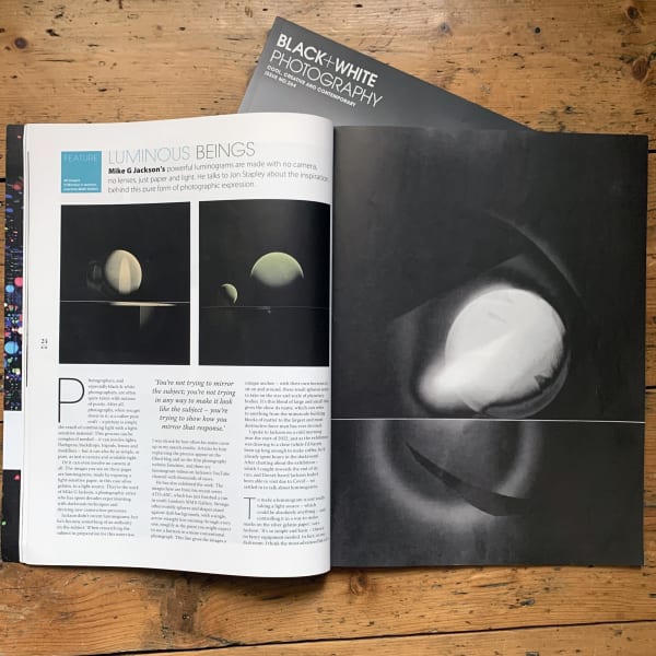 black + white photography magazine, michael g jackson luminograms feature, press mmx gallery, print issue, unique luminograms, interview