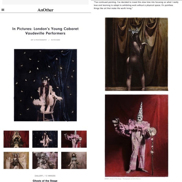 Katie Eleanor, photography feature at AnOther Magazine, portraits of performance artists in colourful fancy clothes, clown, burlesque ladies